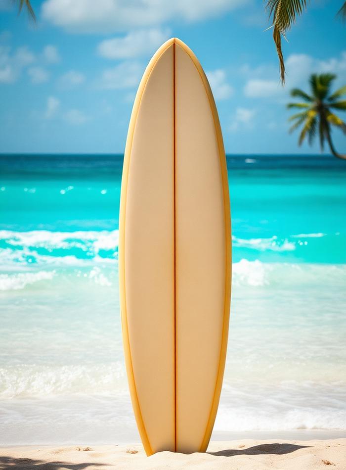 Tabla de surf en una playa tropical