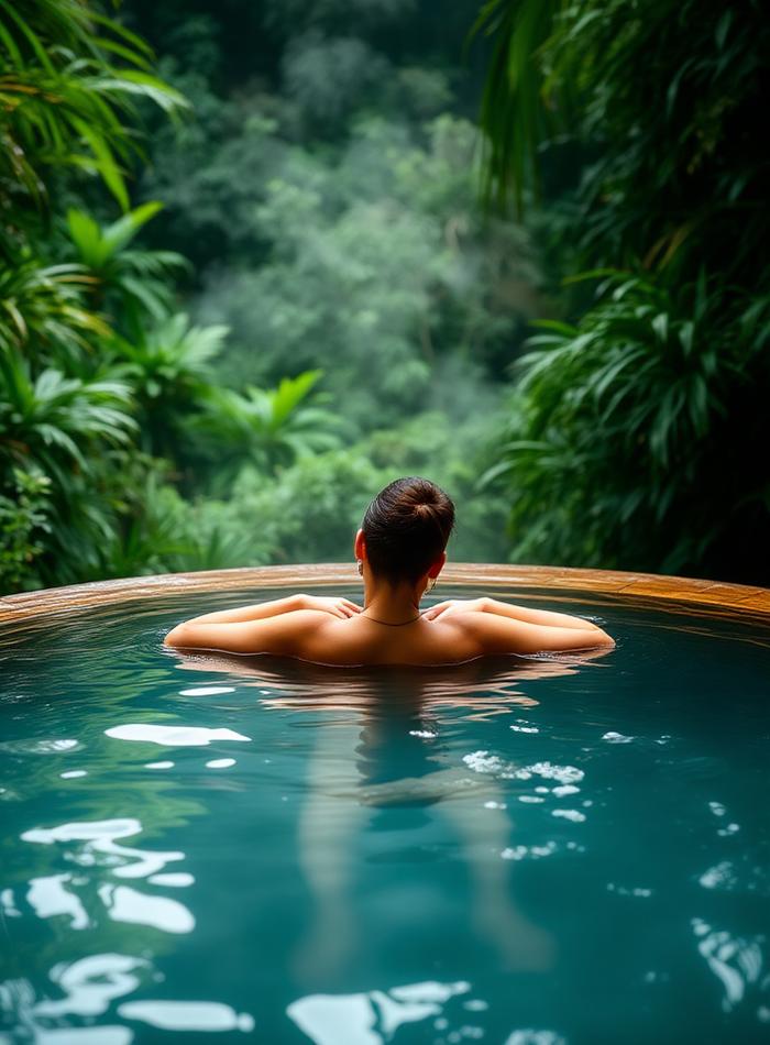 Mujer relajándose en aguas termales en la selva